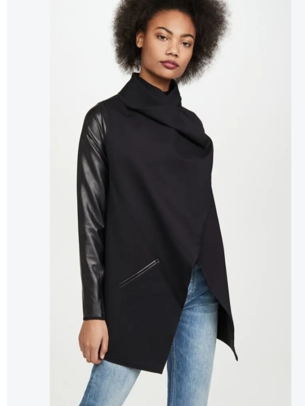 Spanx Draped Faux Leather Trim Black Jacket Size M